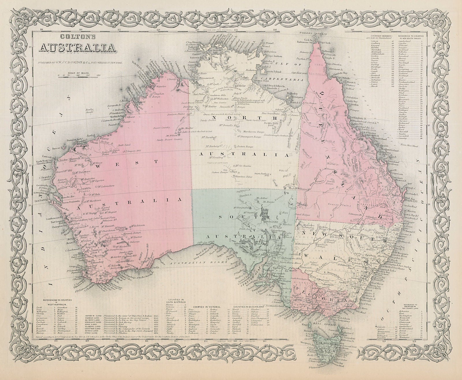 Colton's Australia. Queensland with original borders. Antique map 1869 old